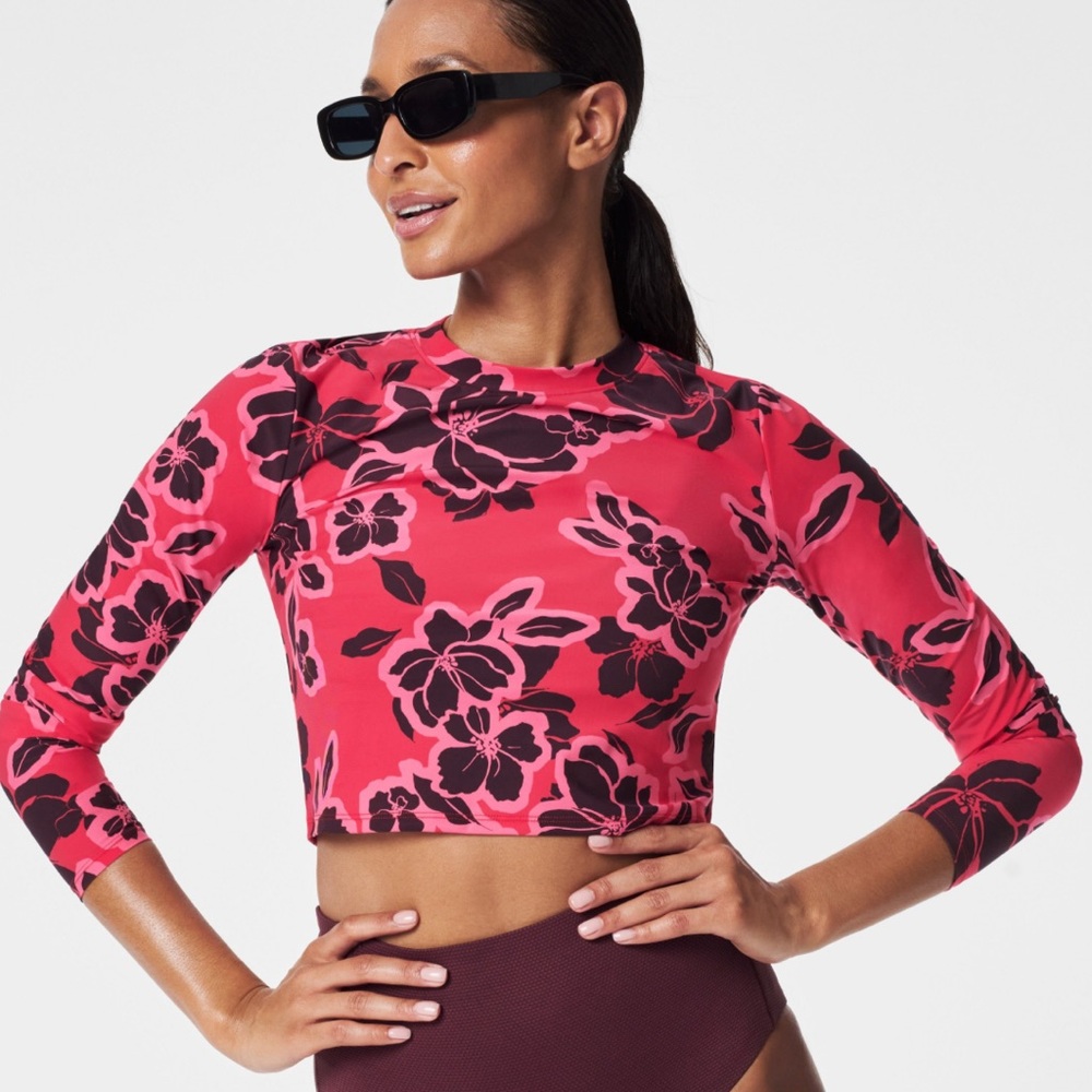 SPANX Pink Floral Long Sleeve Crop Rashguard Top